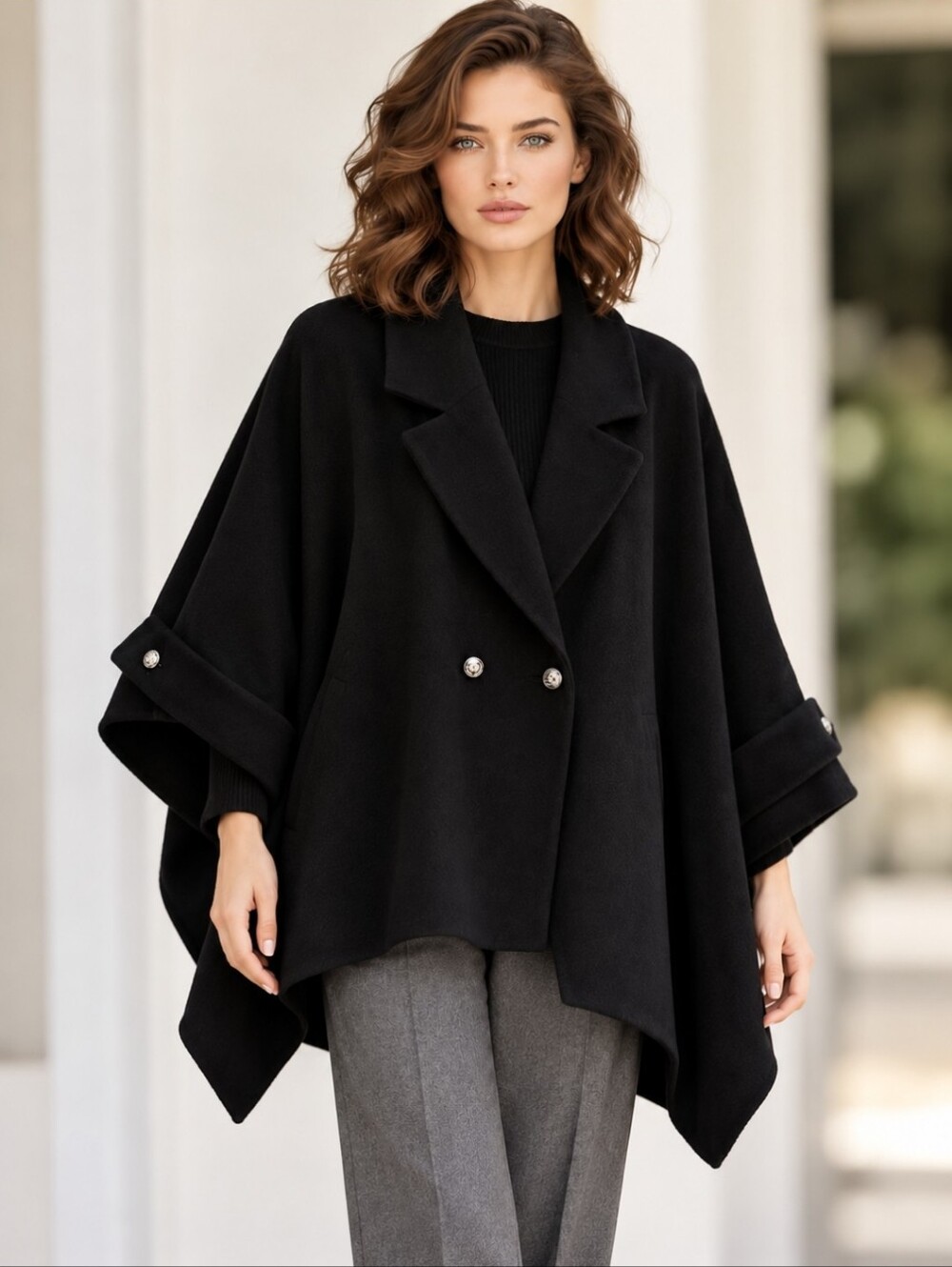 Planet Cashmere Wool Blend Double-Breasted Cape Button Detail